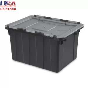 12 Gallon Industrial Tote Heavy Duty Hinged Lid Storage Container Stackable with Handles Zip Tie Access Garage Basement